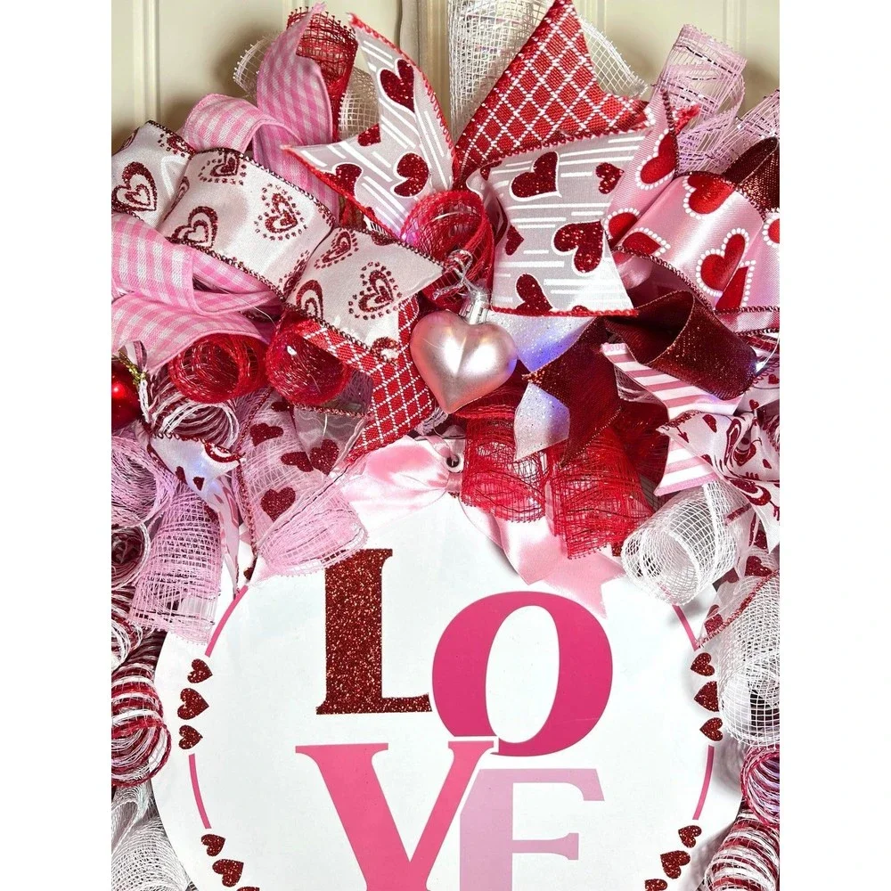 XL Handmade Valentine’s LOVE Ribbon Prelit Wreath 26 ins LED XLW4